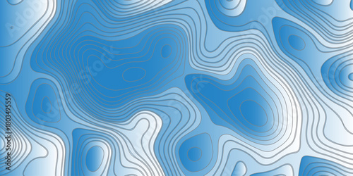 Abstract topographic contour pattern with smooth flowing lines,layered blue and white gradients, organic terrain shapes, modern minimal style, perfect for backgrounds,mapping themes,and graphic design