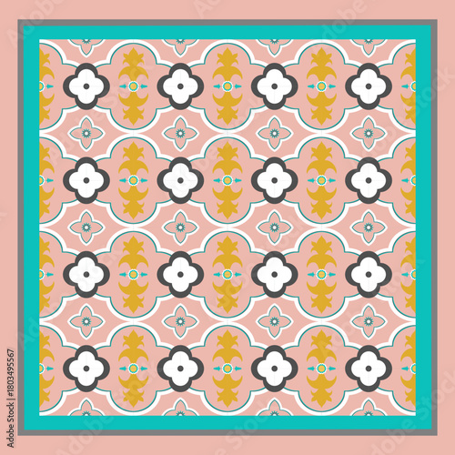 A seamless pattern of white flowers with gray edges on a soft beige-cream-light yellow blush background. Pastel tones with a Moroccan touch create a sweet, luxurious, and refined look.