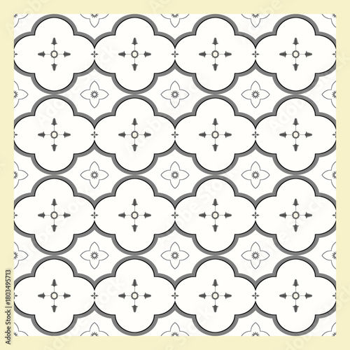 A seamless pattern of white-cream flowers in beige and soft yellow tones, outlined in gray and black. With a gentle yellow tint and Moroccan flair, it feels luxurious, refined, and subtly striking.