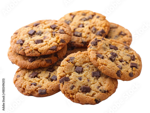 Delicious chocolate chip cookies stacked together.