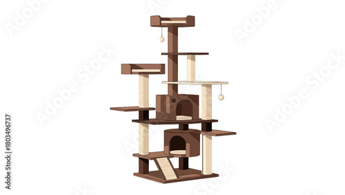 A multilevel cat tree in brown and beige featuring scratching posts perches and two enclosed houses with two hanging balls