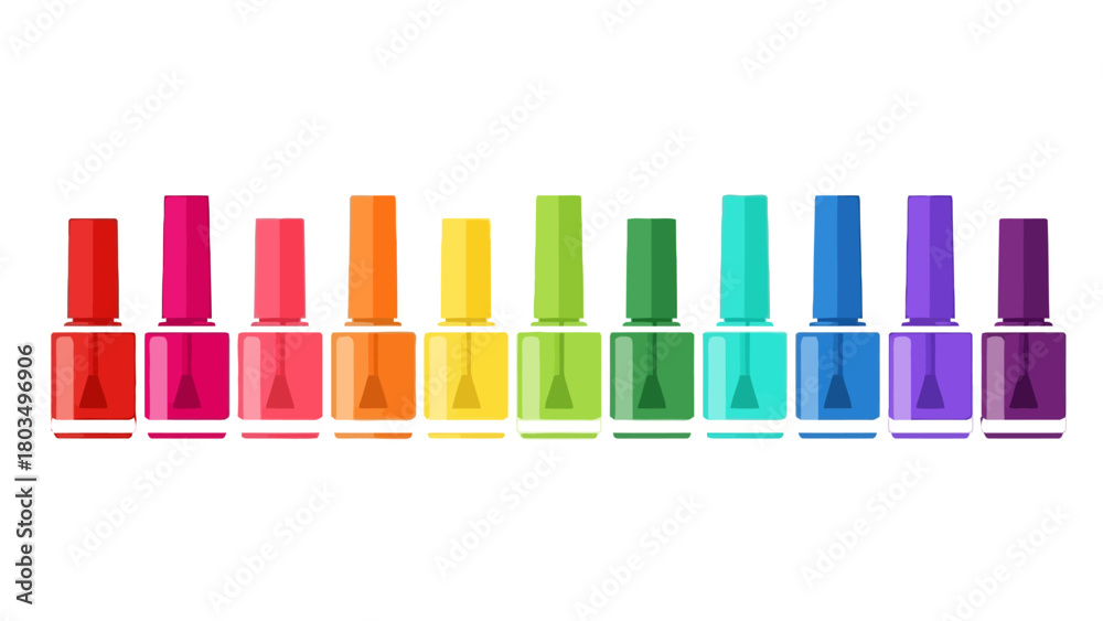 Fototapeta premium A row of twelve nail polish bottles displaying a full rainbow color gradient on a plain white background