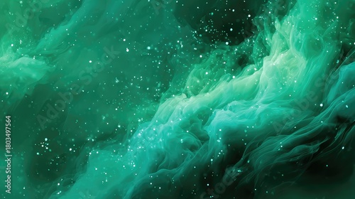 Fototapeta Naklejka Na Ścianę i Meble -  Green cosmic nebula cloud with glowing particles in deep space