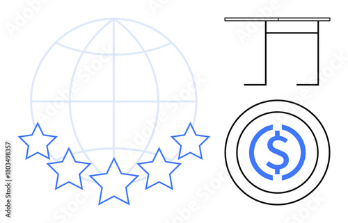 Globe with stars symbolizing global standards, dollar coin representing financial value, minimal desk for stability. Ideal for business, finance, globalization, innovation, strategy, growth