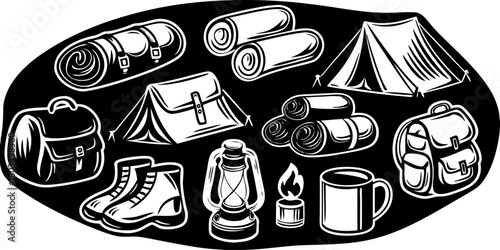 A collection of camping-themed objects arranged in a seemingly random pattern against a transparent background. The image showcases watercolor-style illustrations of essential camping gear. Multiple b