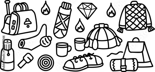 A collection of camping-themed objects arranged in a seemingly random pattern against a transparent background. The image showcases watercolor-style illustrations of essential camping gear. Multiple b