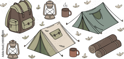 A collection of camping-themed objects arranged in a seemingly random pattern against a transparent background. The image showcases watercolor-style illustrations of essential camping gear. Multiple b