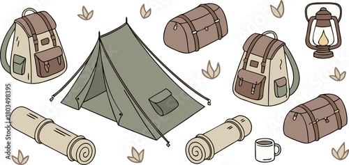 A collection of camping-themed objects arranged in a seemingly random pattern against a transparent background. The image showcases watercolor-style illustrations of essential camping gear. Multiple b