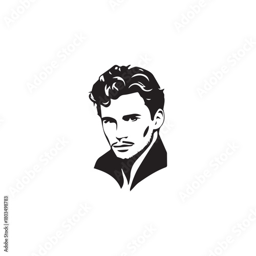 Black and White Handsome Man Illustration in Clean Vector Line Art Style on Minimal Background