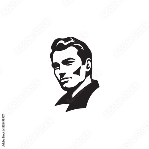 Black and White Handsome Man Illustration in Clean Vector Line Art Style on Minimal Background
