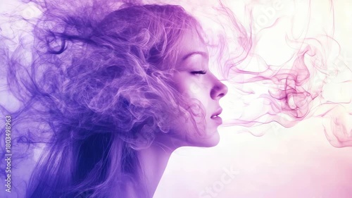 Ethereal portrait of young woman in profile surrounded by colorful smoke