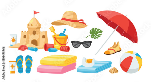 A vibrant collection of summer beach vacation essentials including a sandcastle, umbrella, flip-flops, towels, sunscreen, and toys, perfect for a sunny day at the sea.