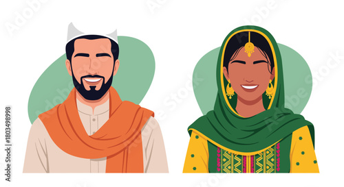 Smiling vector illustration of diverse South Asian individuals, with a man wearing a traditional white cap and orange shawl and a woman in a green headscarf and yellow dress.