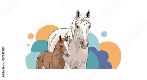 A heartwarming illustration depicting a white horse and its brown foal standing together, surrounded by a scattering of soft, colored circular and amorphous shapes.