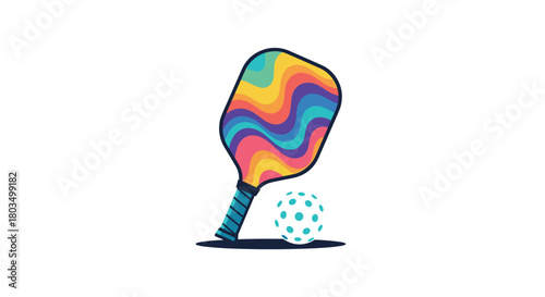 A vibrantly colored pickleball paddle with a groovy rainbow wavy pattern stands next to a white and blue perforated pickleball, illustrating the popular and fun sport.