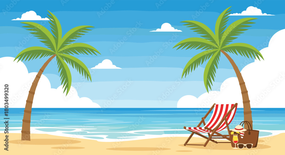 Obraz premium A picturesque tropical beach invites relaxation with two lush palm trees, a comfortable striped beach chair, and a summer essentials bag, set against a calm blue ocean and clear sky.