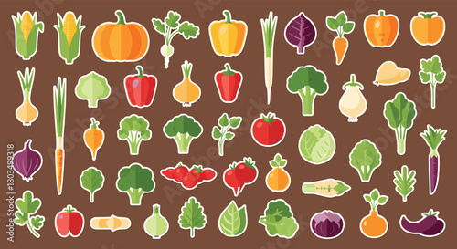 A vibrant collection of healthy, fresh, flat design vegetable stickers, perfect for illustrating nutritious eating and sustainable living concepts.
