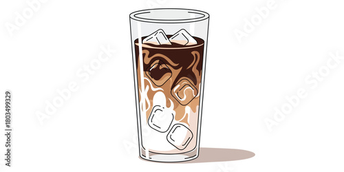 A simple hand-drawn vector illustration of a refreshing iced coffee with milk swirling in a tall glass filled with ice cubes on a white background