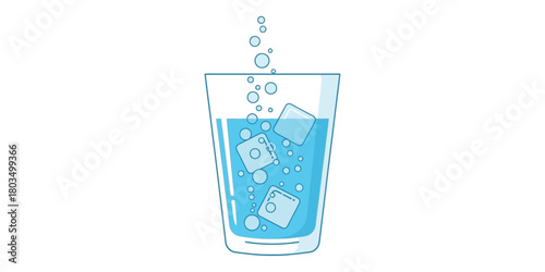 A cool glass of sparkling blue water with ice cubes and rising bubbles. A simple vector illustration representing a refreshing and hydrating cold beverage