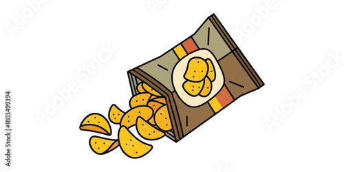 A colorful cartoon illustration of an open snack bag overflowing with delicious, crispy, golden tortilla chips, perfect for a casual treat or party food