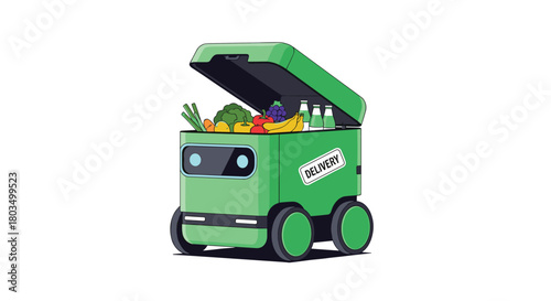 A futuristic green autonomous delivery robot with its lid open, showcasing a variety of fresh groceries and beverages for efficient last-mile food delivery.