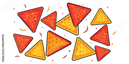 Illustrated background pattern of scattered crispy tortilla chips with spicy seasoning. A fun and delicious party snack or appetizer concept