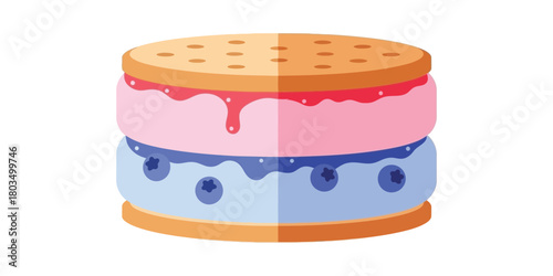 Vector illustration of a delicious layered ice cream sandwich with sweet strawberry and blueberry fillings between two round biscuits