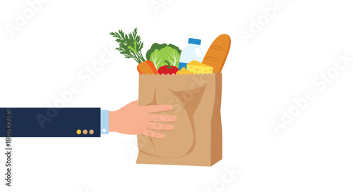 Hand in a business suit sleeve delivers a full brown paper grocery bag containing fresh vegetables, bread, milk, and cheese, symbolizing home delivery or shopping.