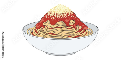 A classic Italian pasta dish, spaghetti, generously topped with rich red tomato sauce and a sprinkle of grated cheese, presented in a simple white bowl, showcasing a delicious and traditional meal