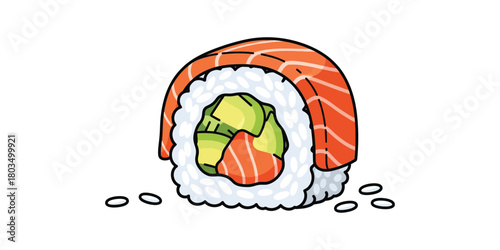 Delightful hand-drawn illustration of a fresh salmon and avocado sushi roll, a perfect visual representation of healthy and delicious Japanese cuisine, ideal for menu designs or culinary content