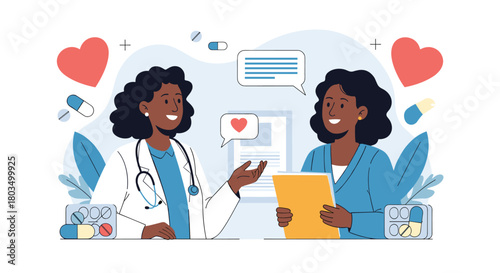 A compassionate Black female doctor provides medical advice and support to her patient during a consultation, fostering a positive healthcare experience focused on wellness.