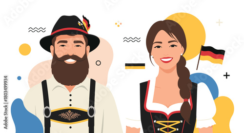 A smiling man in traditional Bavarian Lederhosen and a woman in a Dirndl, celebrating German culture with the German flag and abstract background elements.