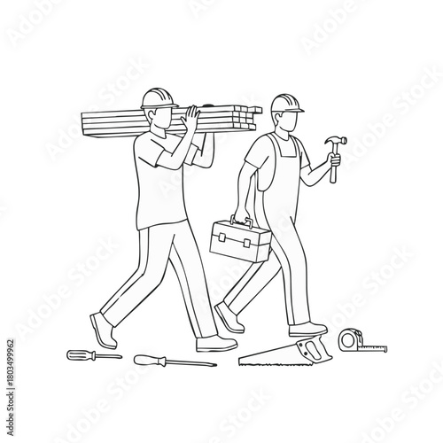Two construction workers carrying building materials and tools, ready to begin a new project, illustrated in a clean black and white line drawing.