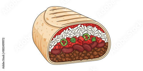 Delicious hand-drawn burrito with rice, beans, meat, and vegetables, perfect for any meal or menu design