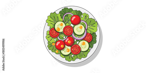 A fresh and healthy vegetable garden salad with lettuce, cherry tomatoes, cucumber, and red onion, depicted in a clean, top-down vector illustration