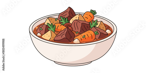 Warm and inviting illustration of a hearty meat and vegetable stew, brimming with succulent beef, vibrant carrots, and comforting potatoes, presented in a clean white bowl