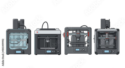 A collection of modern 3D printers in various designs, showcasing the diverse range of equipment used for additive manufacturing and rapid prototyping technology.