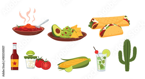 A colorful collection of various traditional Mexican food items, fresh ingredients, a spicy sauce, refreshing drink, and a vibrant green cactus, all set against a white background.