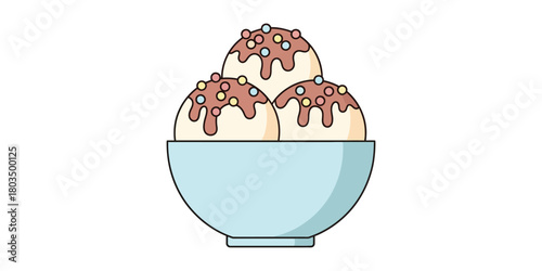 Three scoops of vanilla ice cream topped with chocolate sprinkles in a blue bowl on a white background