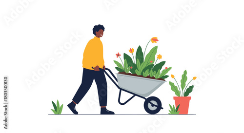 A smiling man actively pushes a wheelbarrow overflowing with vibrant potted plants and colorful flowers, preparing to cultivate a beautiful garden space.
