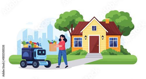 A cheerful woman accepts a bag of fresh groceries delivered right to her doorstep by an advanced autonomous robot, symbolizing the future of smart home delivery services.