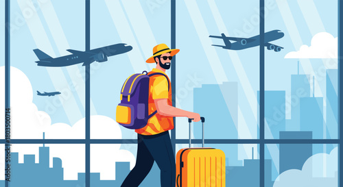 A smiling man wearing a hat and sunglasses, carrying a backpack and pulling a suitcase, walks through an airport terminal with a view of airplanes and a cityscape.