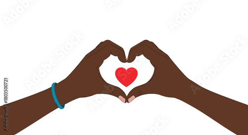 Two dark-skinned hands with a blue bracelet on one wrist form a heart shape with their fingers, enclosing a vibrant red heart against a clean white background.