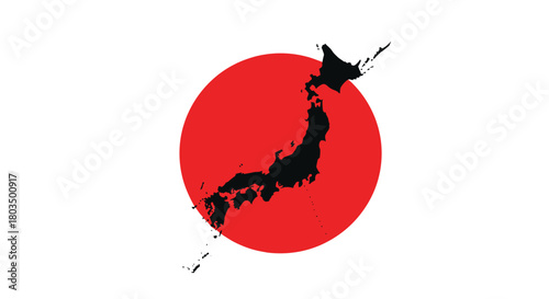 A striking visual representation of Japan, featuring its iconic red sun flag with a detailed black silhouette map of the country overlayed.