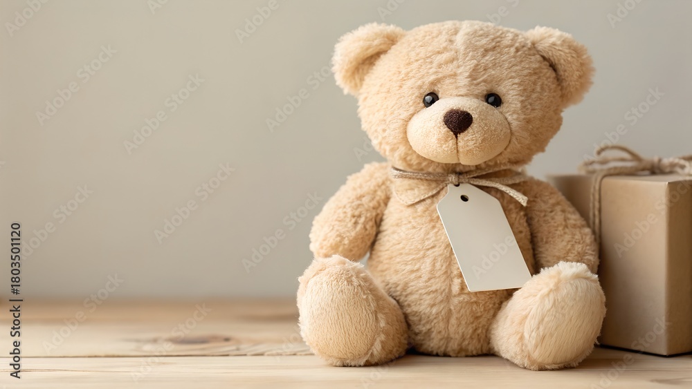 Obraz premium Fluffy Beige Teddy Bear with Blank Tag Sits Beside Gift Box on Wooden Table