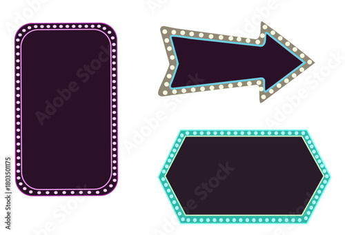 Realistic neon marquee sign shapes set isolated on transparent background, glowing light board in retro vintage style for circus, casino, karaoke bar, open mic. Red, purple, and aqua neon frames with 