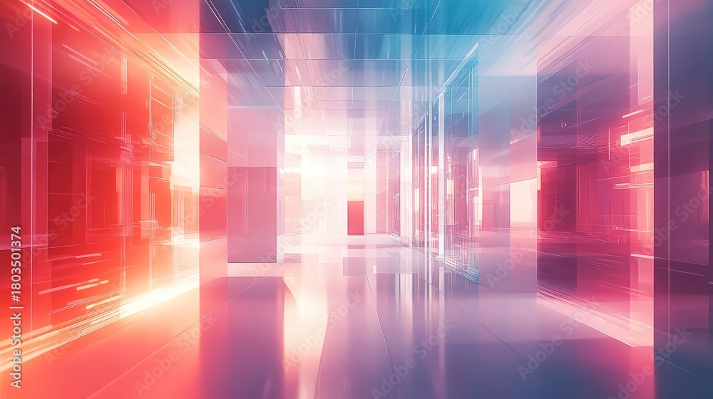 Naklejka premium Abstract glass hallway structure with vibrant glowing light