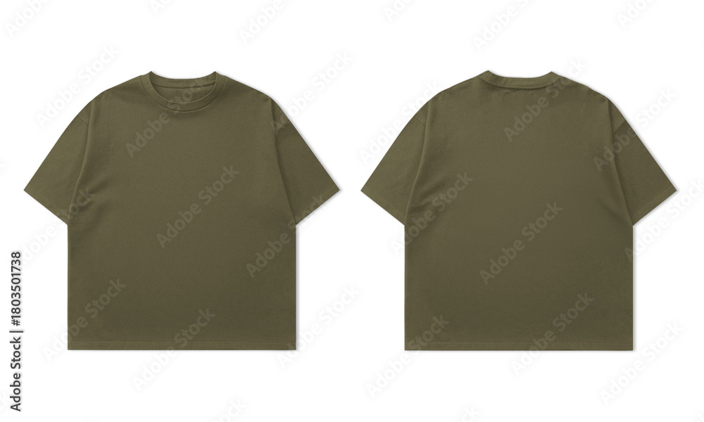 Naklejka premium Olive green t-shirt mockup showcasing front and back design for apparel brand marketing and product presentation on white background