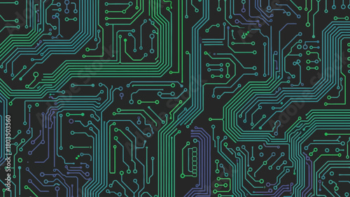 Detailed circuit board pattern with green and blue traces on a dark background