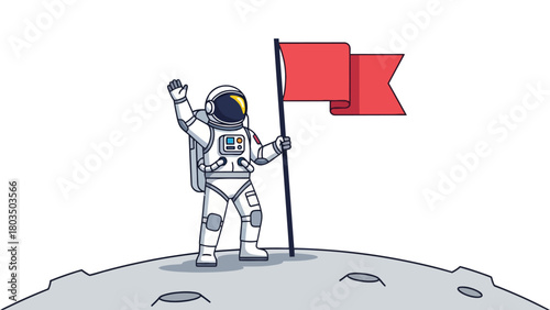 Cartoon astronaut in a white spacesuit waves while planting a red flag on a cratered moon surface